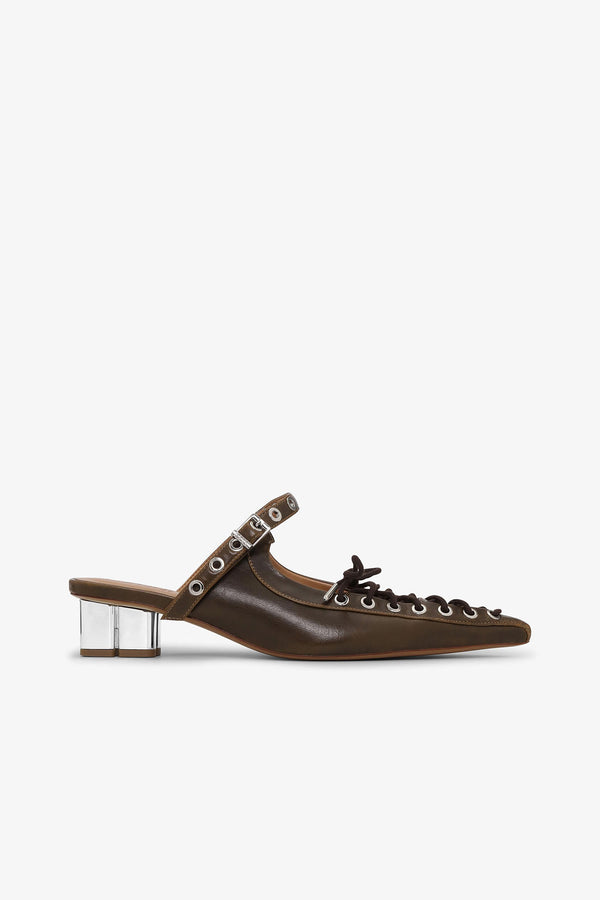 Ganni Lace-Up Mules in Dark-Olive